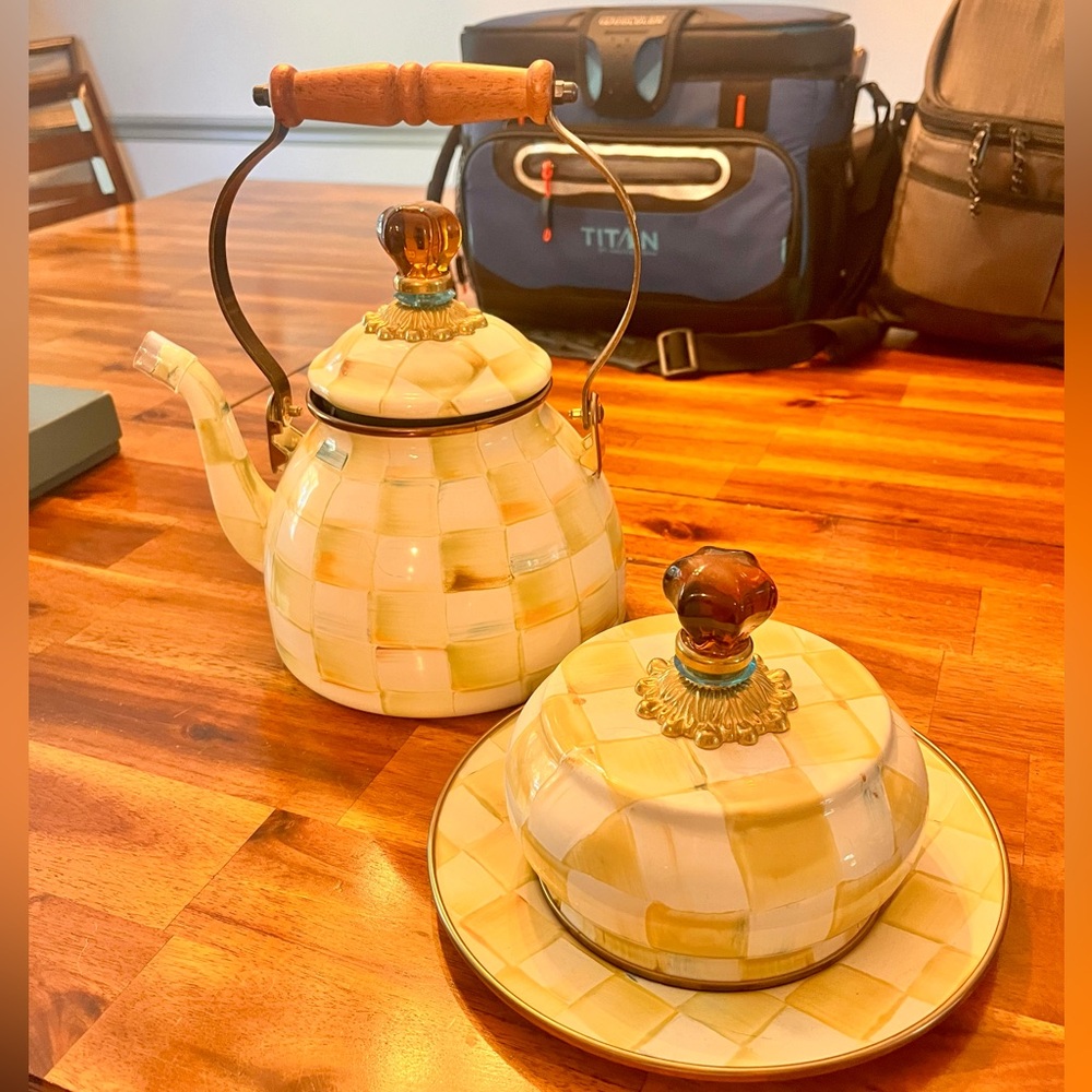 New Mackenzie Childs tea kettle and butter dish in Parchment Check